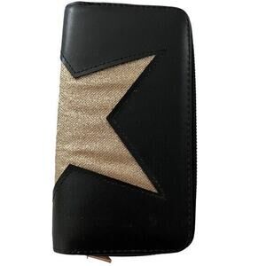Black Leather Zip Wallet Large Gold Star Wrap Around Cash Card Slots Coins EUC